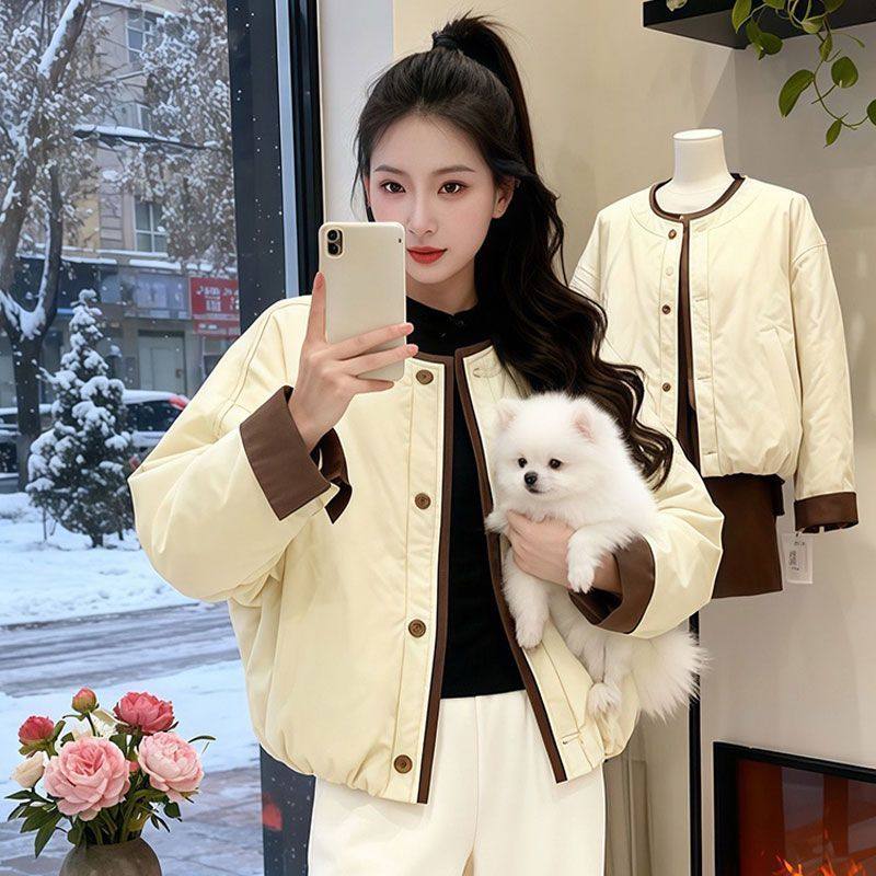 纽扣加厚韩版休闲纯色棉服外套女