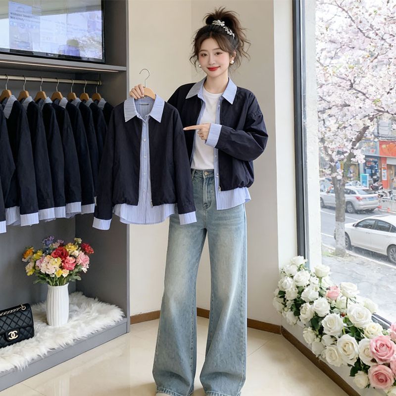 撞色拼接衬衫假两件短款外套女