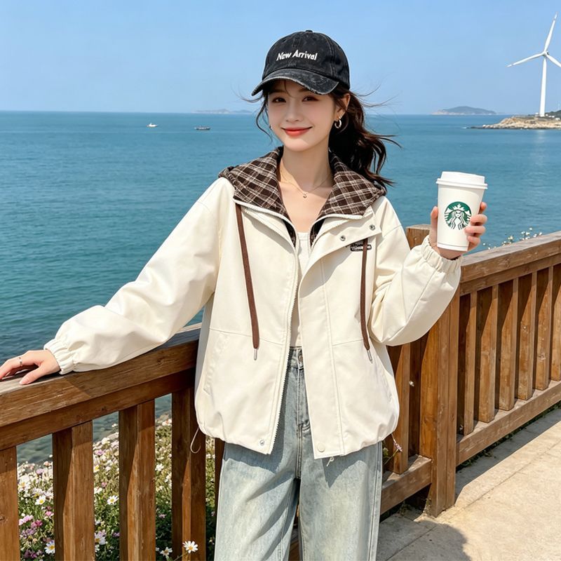 学院风格子假两件防风工装外套女图片