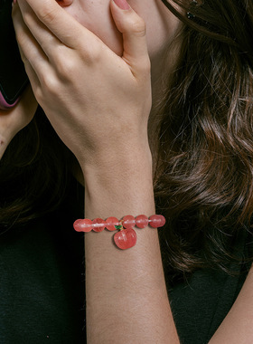 欧美新款热卖 天然原石苹果吊坠手链 黑玛瑙弹力女士手串单圈