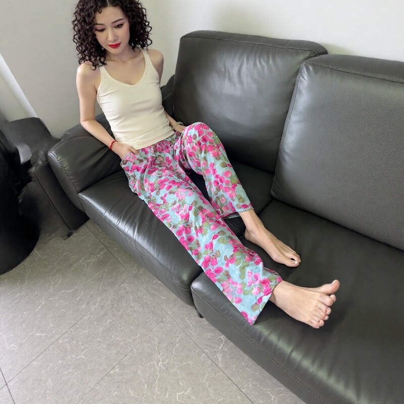 夏款女薄棉绸休闲睡裤沙滩裤