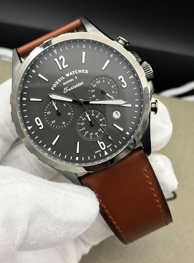 现货FOSSIL化石手表轻奢时尚真皮三眼计时商务休闲石英表男表