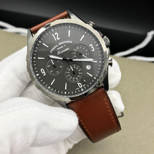 现货FOSSIL化石手表轻奢时尚真皮三眼计时商务休闲石英表男表