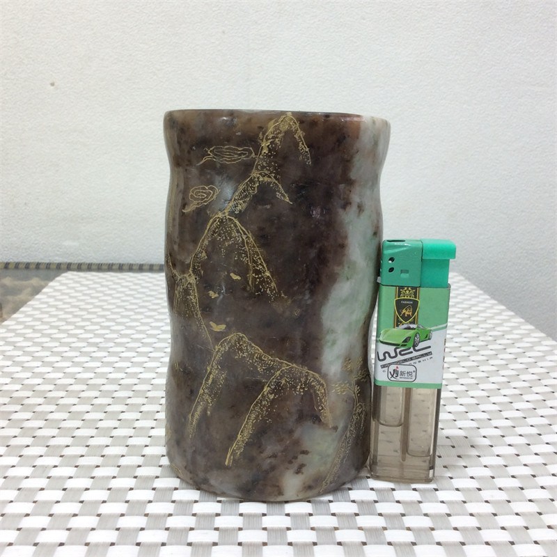 天然玉石独山玉描金雕刻笔筒文房用品摆件手工精雕收藏装饰工艺品