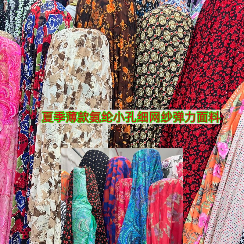 2026夏季薄款印花小孔氨纶弹力网纱布料连衣裙舞蹈服透明服装面料