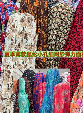 2026夏季薄款印花小孔氨纶弹力网纱布料连衣裙舞蹈服透明服装面料