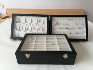 大号带盖首饰盒黑皮白拉丝皮珠宝箱饰品收纳手镯项链戒指耳钉展架