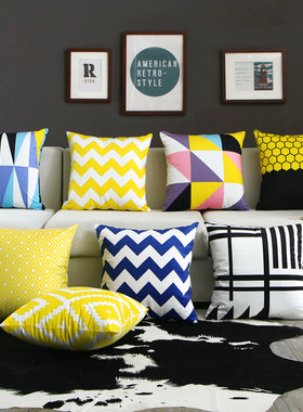 定制北欧几何抱枕厚短绒双面图案靠垫套客厅沙发靠枕时尚黄色腰枕