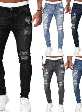 潮流嘻哈长裤亚马逊外贸欧美男士紧身牛仔裤破洞徽章小脚裤潮