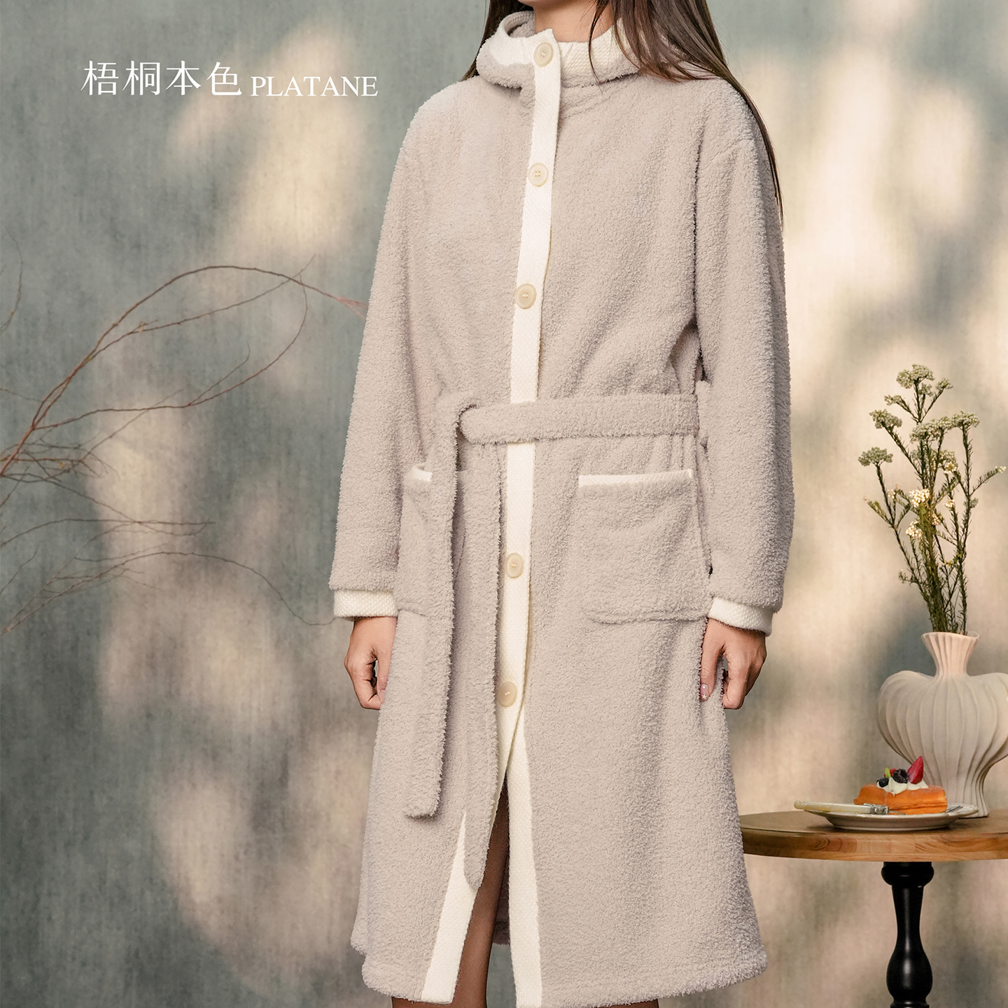 梧桐本色女加厚杨梅绒开衫连帽长袍睡袍舒适软糯保暖锁温WJ852071