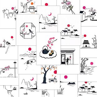 每日一学简笔画山水贴纸线描古风入门素材初学diy贴画