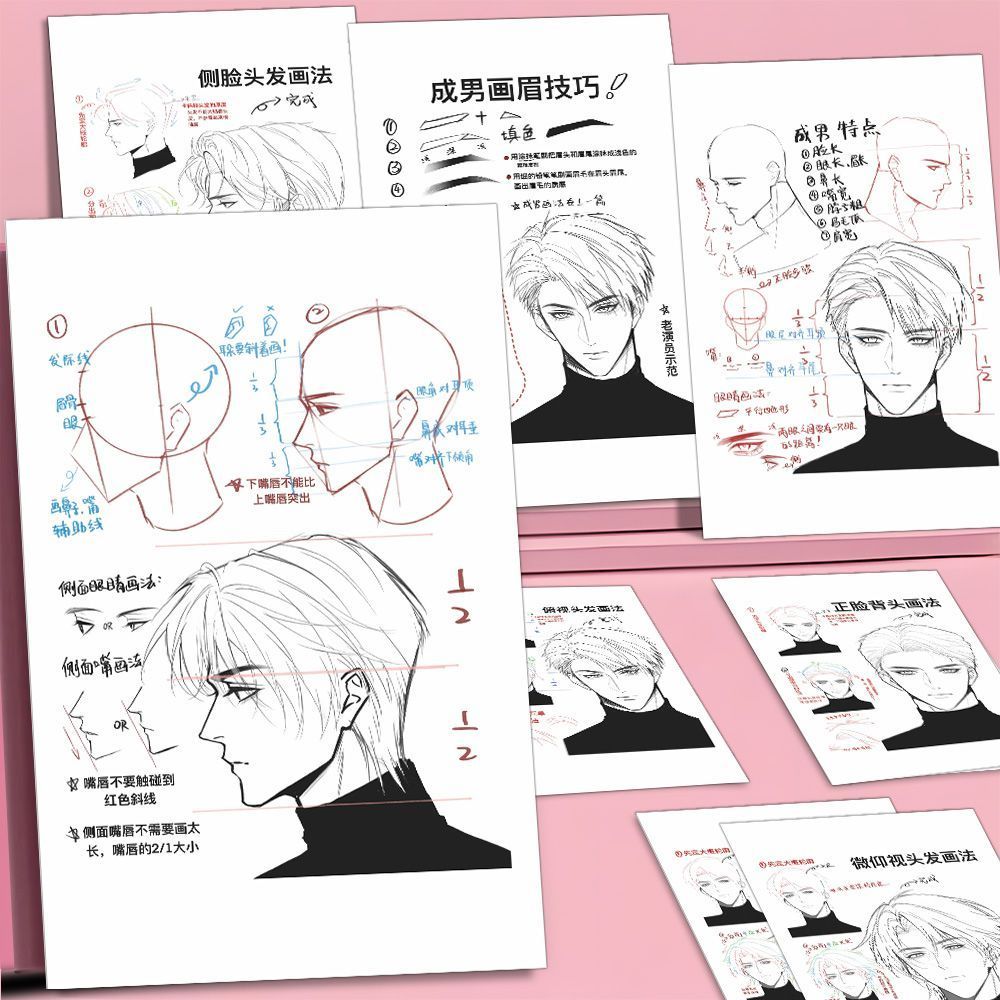 加大24张成男画法贴纸二次元动漫男头绘画教程头部角度画法自粘贴