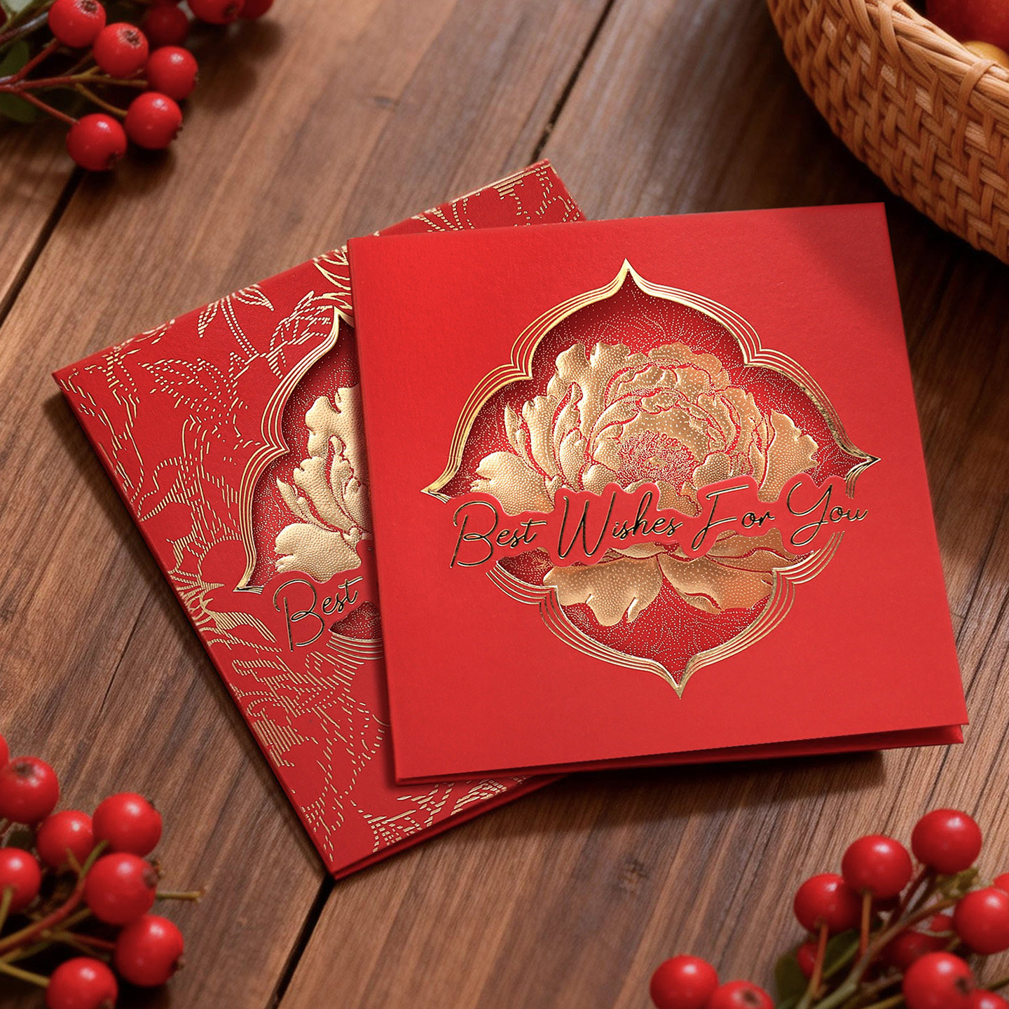 2026新年春节红色中式贺卡牡丹花烫金工艺婚礼祝福卡片企业定制