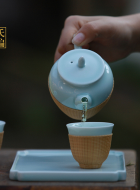 刘氏竹编青瓷纯手工竹丝扣瓷小池荷尖一壶两杯带茶盘茶具伴手礼品