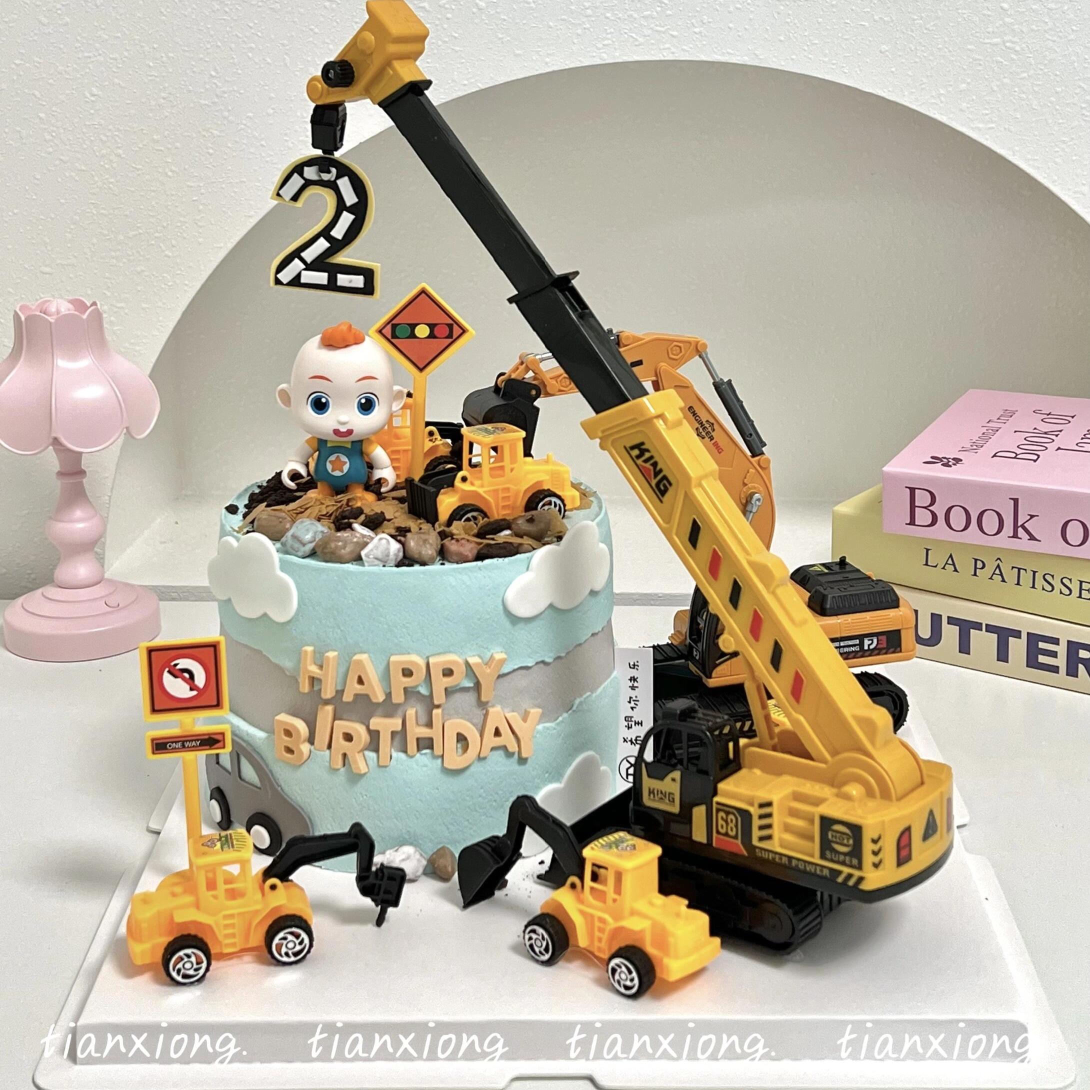 工程车主题蛋糕装饰摆件卡通挖机推土机吊机路标摆件小孩生日插件