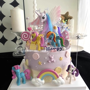 网红小马蛋糕装饰摆件独角兽彩虹木马小马摆件公主女孩甜品台插件