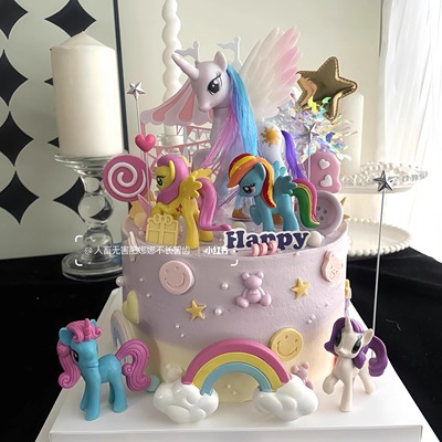 网红小马蛋糕装饰摆件独角兽彩虹木马小马摆件公主女孩甜品台插件
