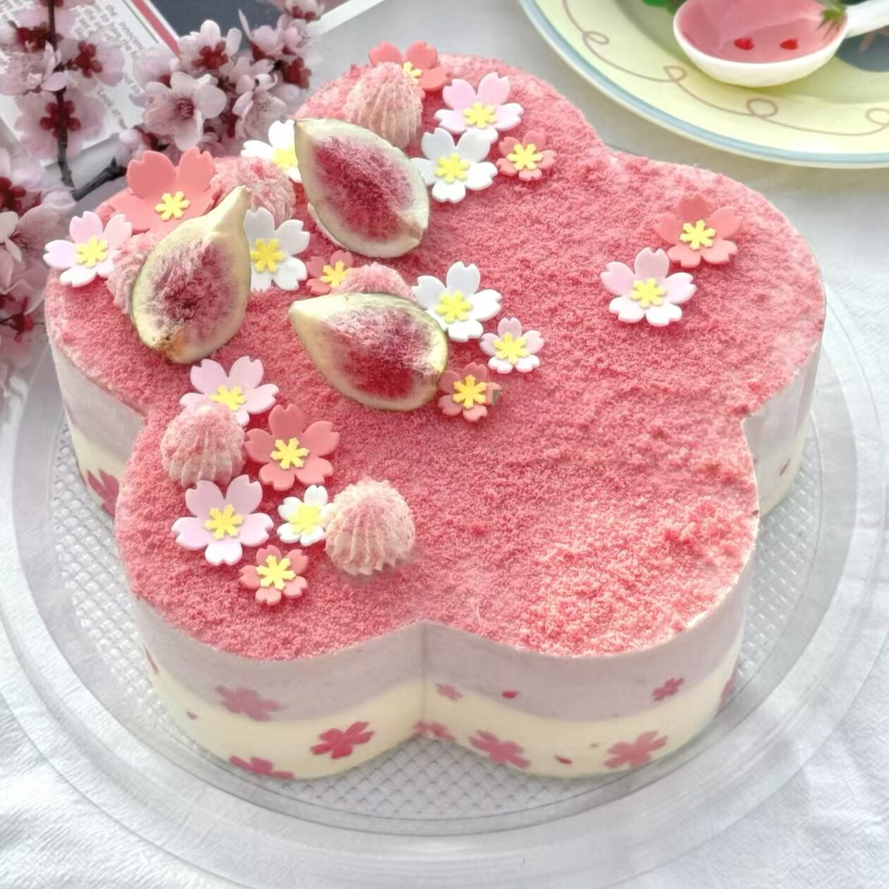 粉系樱花无花果干蛋糕装饰摆件 少女心花朵甜品生日烘焙插件配件