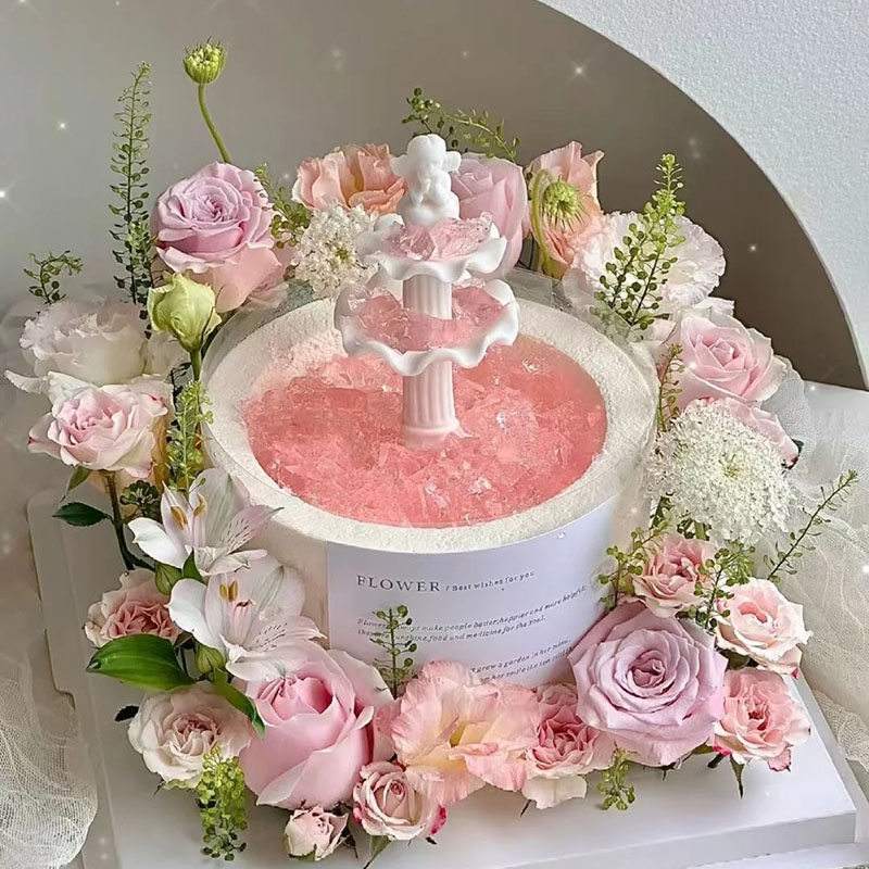 网红许愿池蛋糕装饰喷水池小天使莫奈花园情侣表白插件仙女生日款