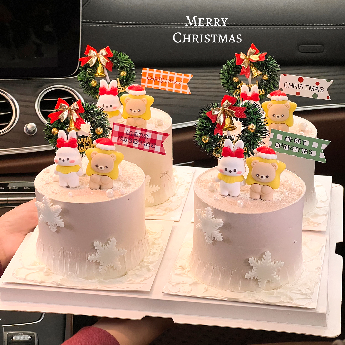 2025圣诞节蛋糕装饰小熊小兔子摆件圣诞快乐草圈铃铛烘焙装扮插件