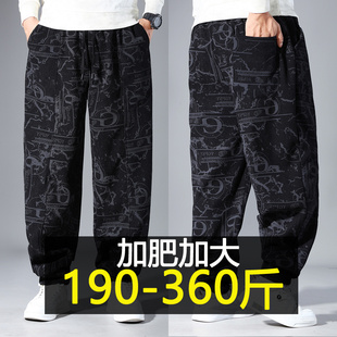 春秋新款印花休闲长裤男士加肥加大码运动束脚裤胖子宽松加绒卫裤
