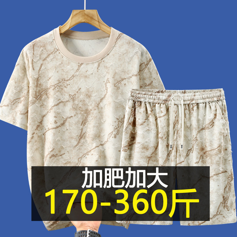 特大码亮片休闲运动套装男士夏季轻奢风满天星短袖短裤胖子两件套