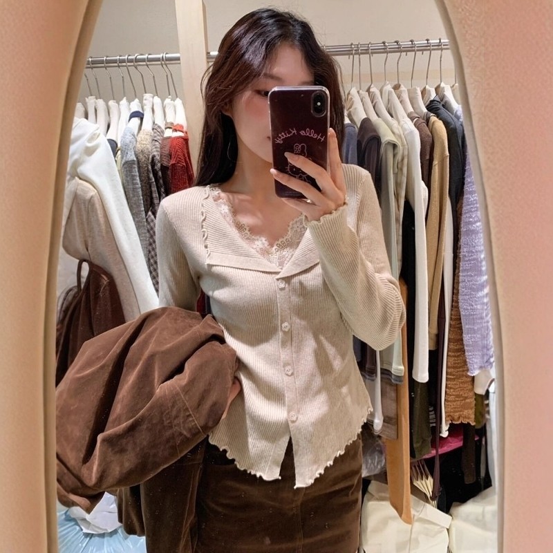 法式温柔风蕾丝拼接V领针织开衫女秋冬别致修身显瘦百搭打底毛衣,女装/女士精品,毛针织衫,淘宝优惠券,粉丝福利购,淘宝优惠卷