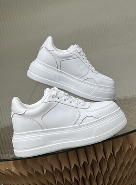 头层牛皮小个子j时尚休闲鞋女夏透气6CM松糕厚底真皮小白鞋老爹鞋