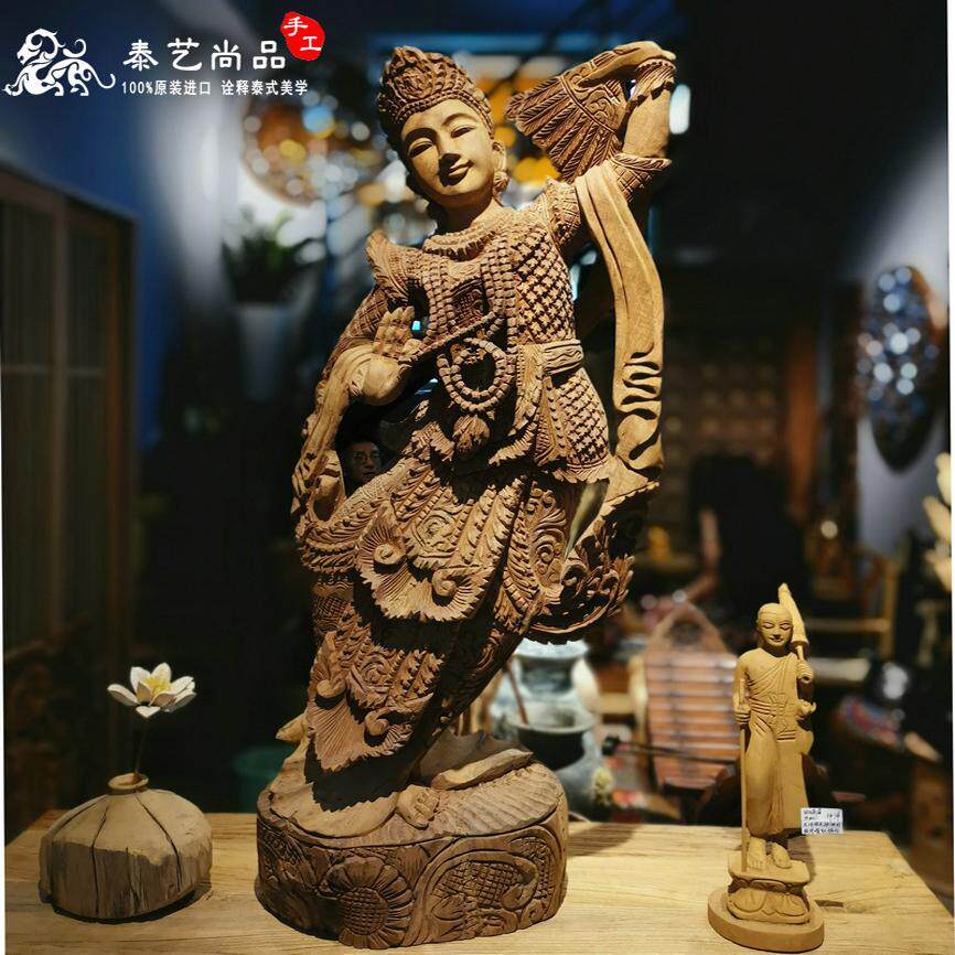 泰国老柚木人物木雕孤品玄关摆件泰佛门店迎宾舞者侘寂风装饰