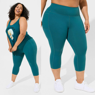 200斤 130 2659欧美胖mm绿色侧口袋速干健身裤 七分紧身裤