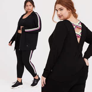 1775欧美胖MM特大码 黑色彩条相拼带帽休闲夹克卫衣200斤