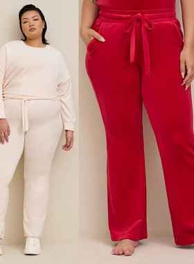 特价2494时尚欧美胖MM特大米红丝绒喇叭休闲居家长裤200300400斤