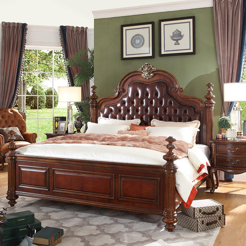 美式实木家具乡村简约复古雕花双人真皮大床头柜斗柜梳妆台床尾凳