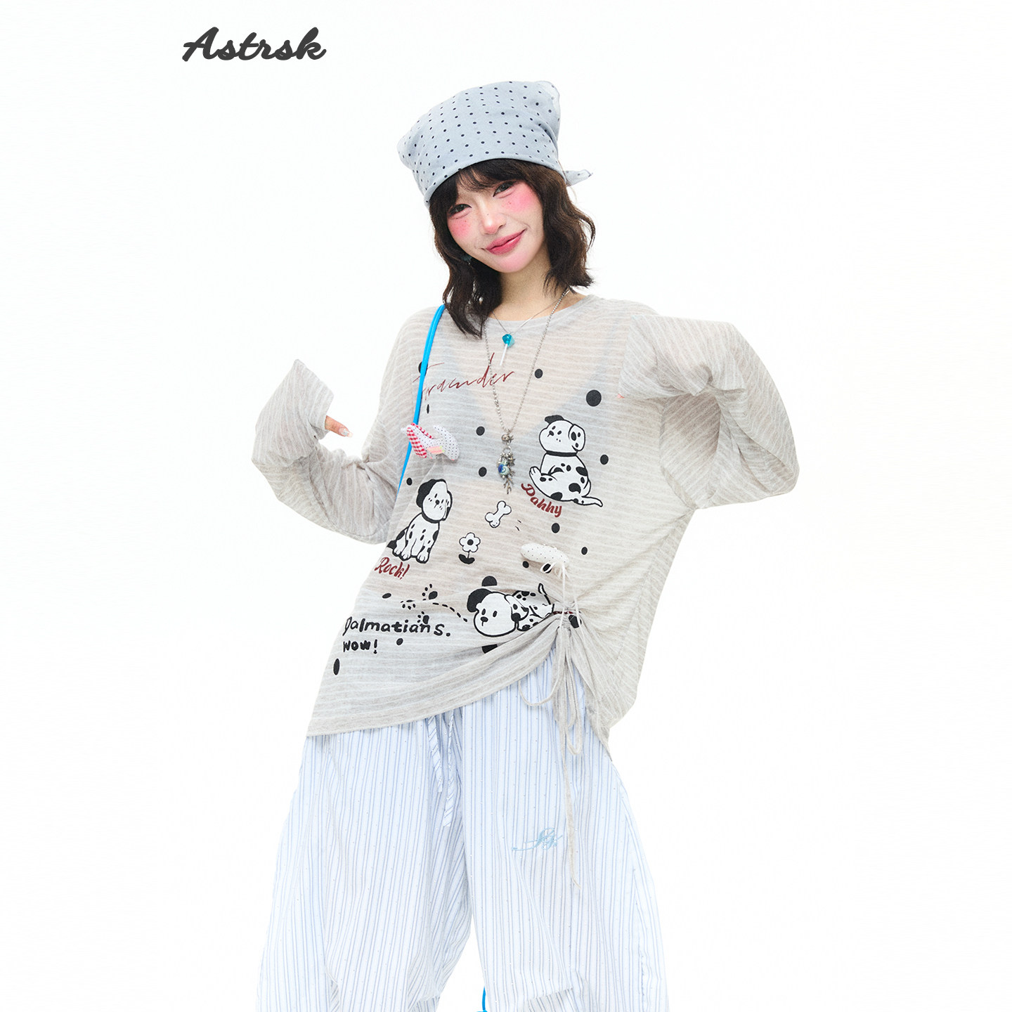 ASTRSK 韩系小狗印花条纹长袖罩衫T恤女春季宽松bf慵懒感百搭上衣