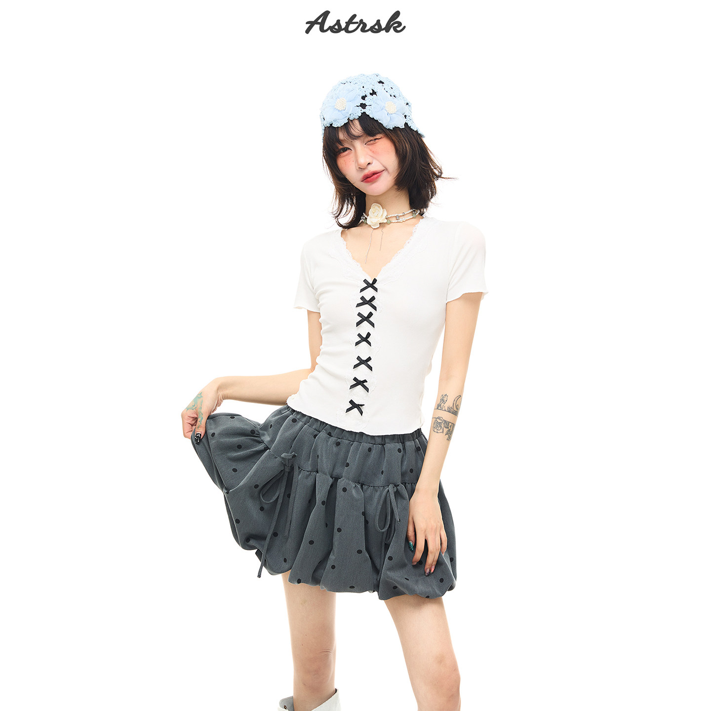 ASTRSK蝴蝶结蕾丝花边V领短袖女夏季纯欲甜美修身显瘦短款上衣潮