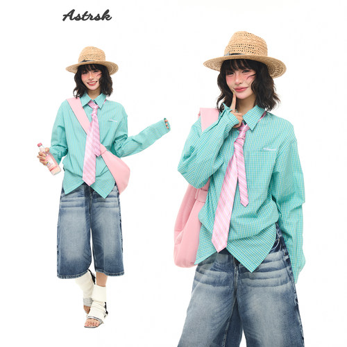 韩系薄荷曼波绿条纹长袖衬衫