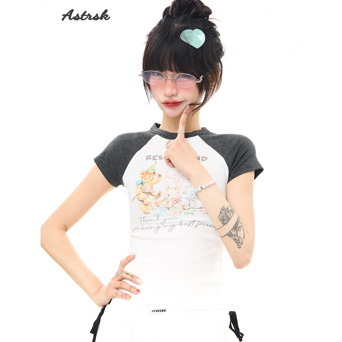 ASTRSK涂鸦插肩短袖纯棉T恤女ins可爱卡通风甜美印花显瘦正肩上衣