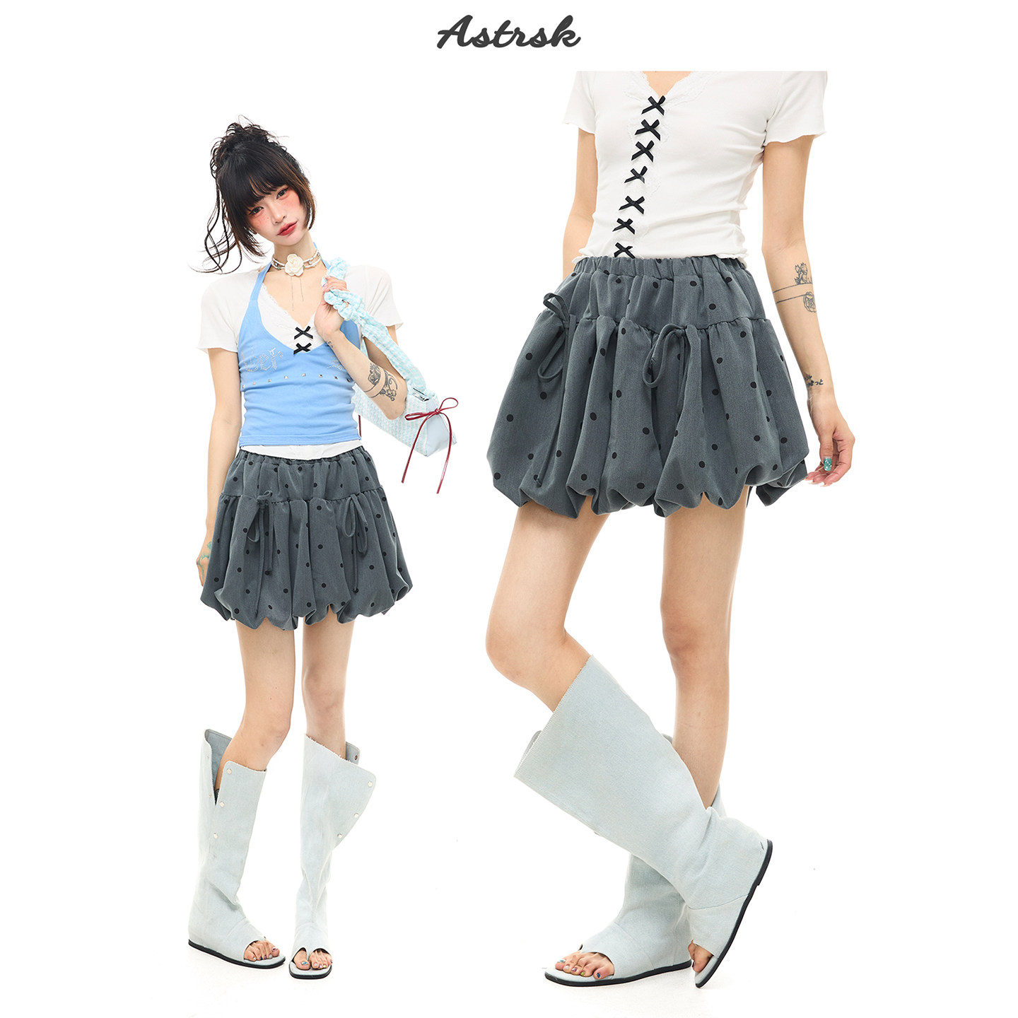 ASTRSK韩系波点蝴蝶结绑带ins甜美休闲风高腰短裙显瘦花苞蓬蓬裙