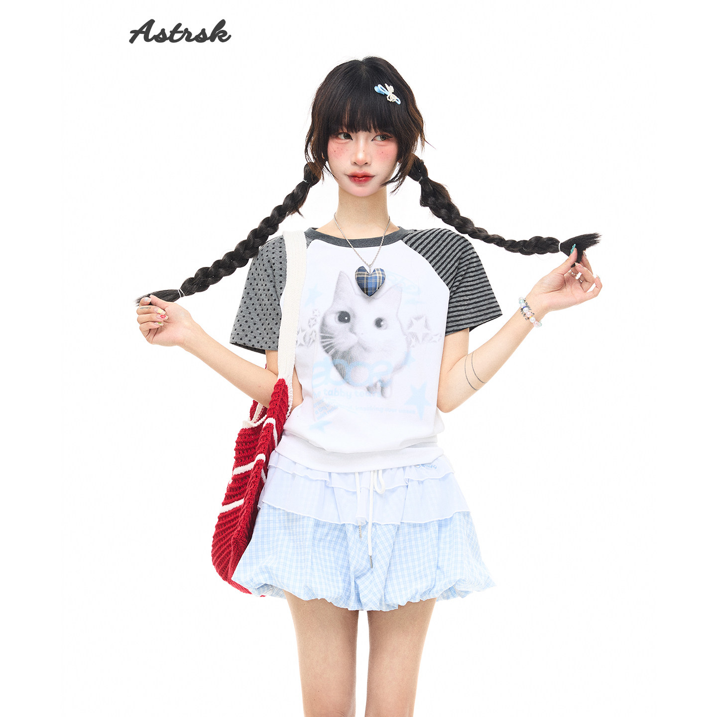ASTRSK 夏季可爱猫咪印花短袖女甜酷休闲小众设计显瘦正肩T恤上衣