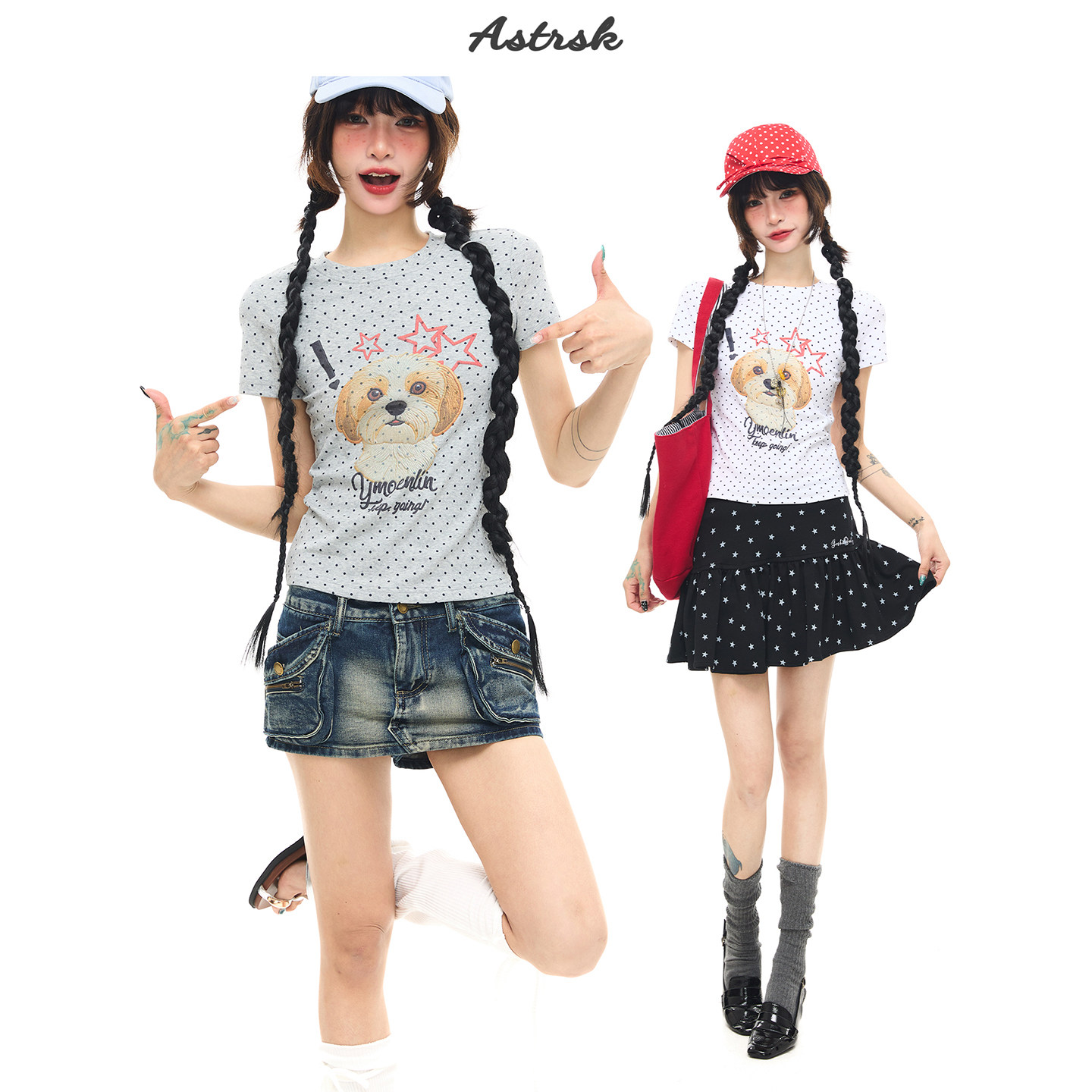 ASTRSK韩系可爱小狗波点满印正肩短袖T恤女夏季ins显瘦短款上衣潮