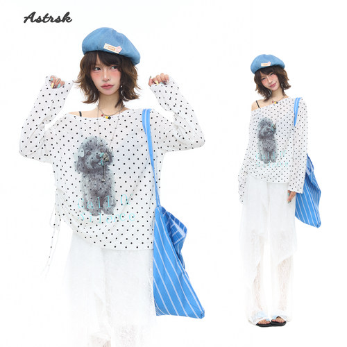 韩系可爱小狗波点一字领长袖t恤