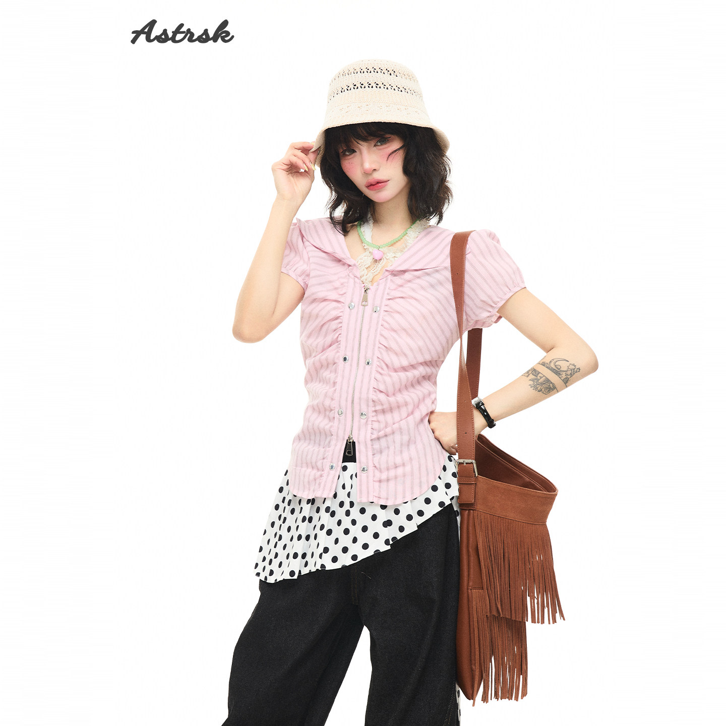 ASTRSK 韩系甜美条纹撞色泡泡袖拉链衬衫女夏季收腰修身显瘦上衣