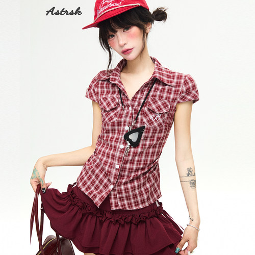 韩系甜美红色格纹Polo领短袖衬衫