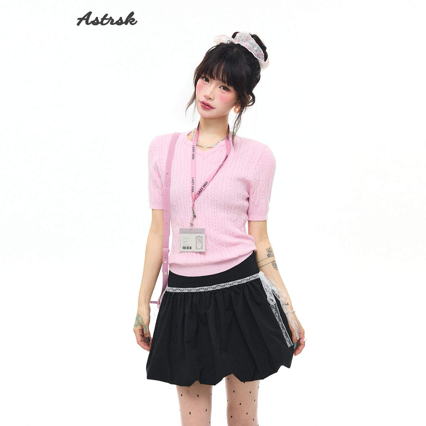 ASTRS 韩系纯色简约V领短袖针织衫女夏季修身短款麻花正肩小上衣