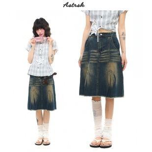 ASTRSK 韩系复古做旧开叉甜酷水洗牛仔半身裙春夏显瘦中裙A字裙女