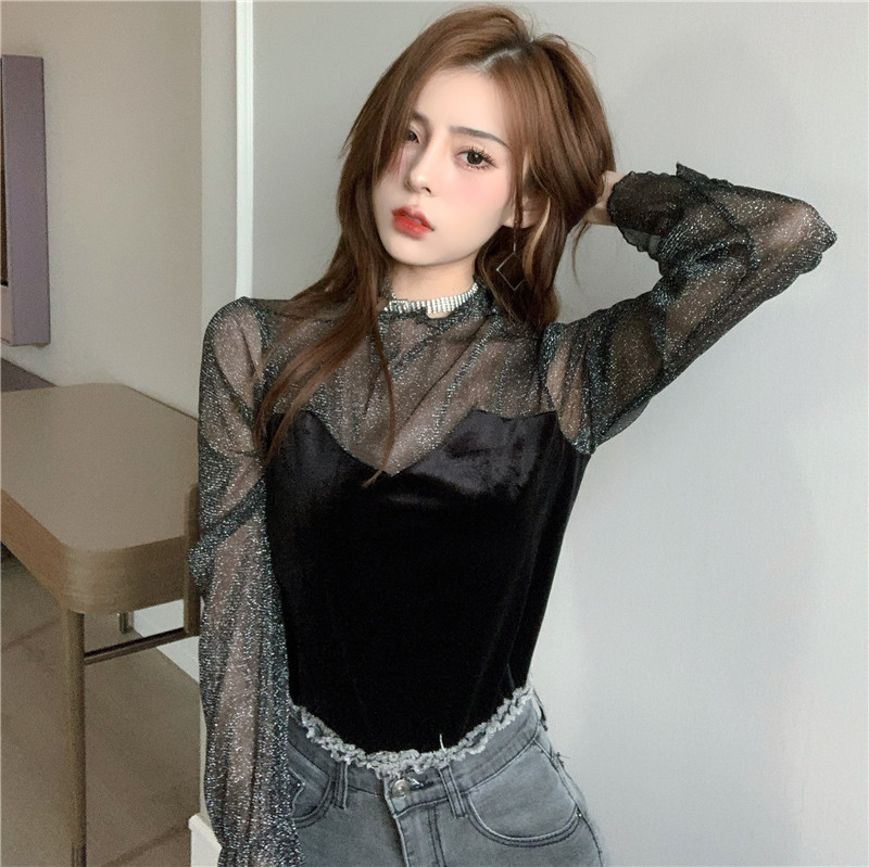Real shot, real price, micro transparent bottoming shirt with black high collar, sexy mesh, trumpet sleeve and velvet top