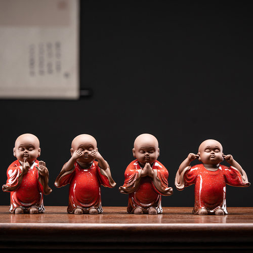 创意中式禅意四不小和尚茶桌摆件家居客厅办公桌面小沙弥摆设