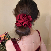 安可拉红花苞缎面大肠发圈女高级感丸子头绳2026新款 扎头发绳发饰
