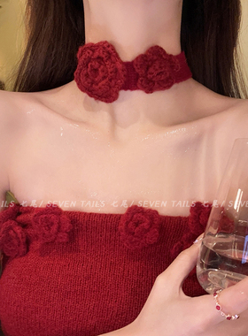 圣诞红~针织玫瑰花毛绒项链