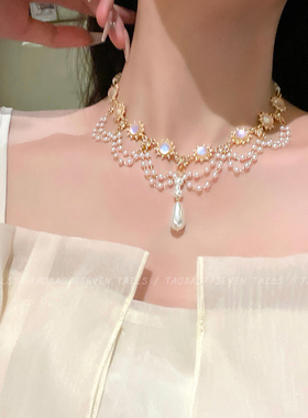 法式白月光珍珠流苏项链女复古重工设计感多层锁骨链轻奢小众颈链